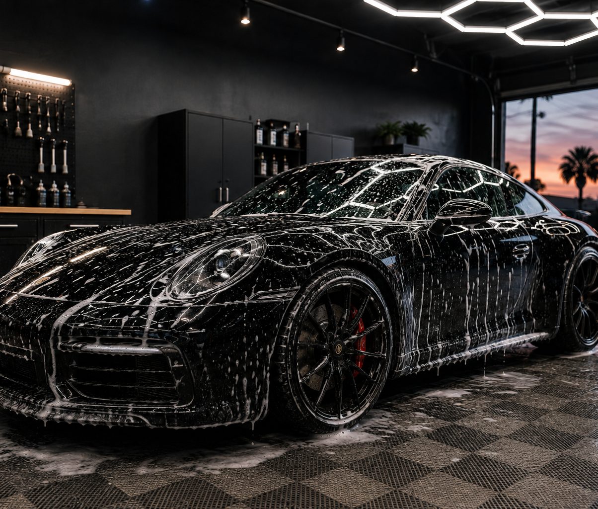 Black sports car covered in foam during a hand wash inside the shop