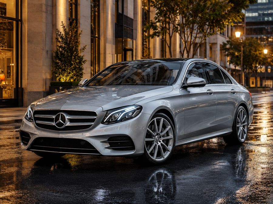Silver executive sedan on a city street at night