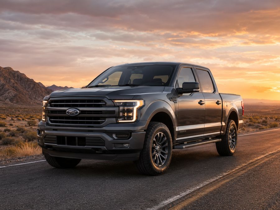Pickup truck on a desert highway at sunset